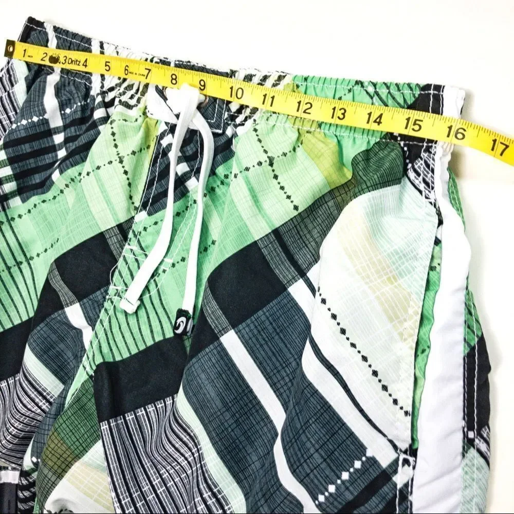 Banana Split Green/Black Plaid Board Shorts Sz XL